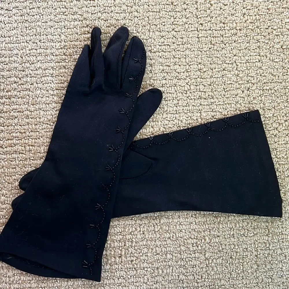 12” Vintage Gloves, Beaded, cotton/poly, unlined.